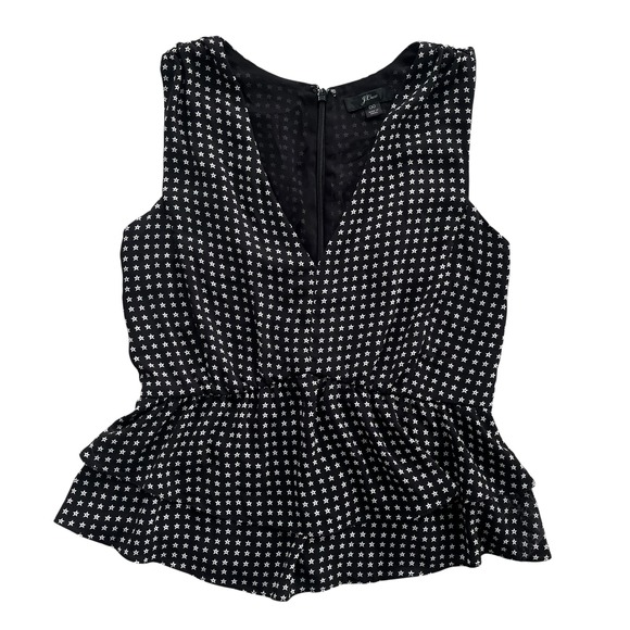 J.Crew Women 00 Black White Star Print Sleeveless Peplum V Neck Tank Blouse Chic - Picture 1 of 11